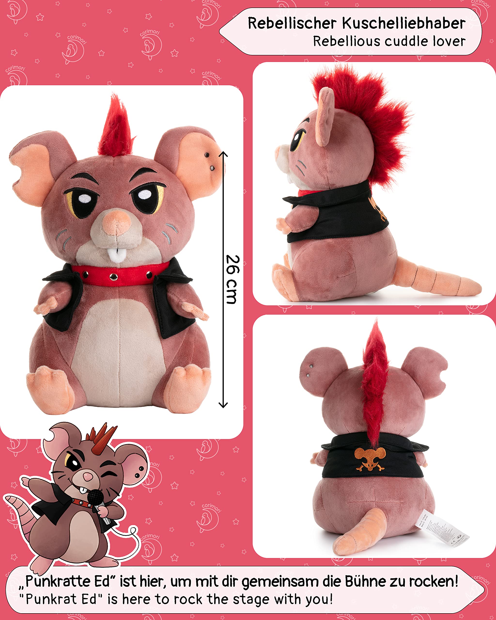 Ed The Rat Punk | Plush Toy 26 cm Rat Shape Brown Red Black